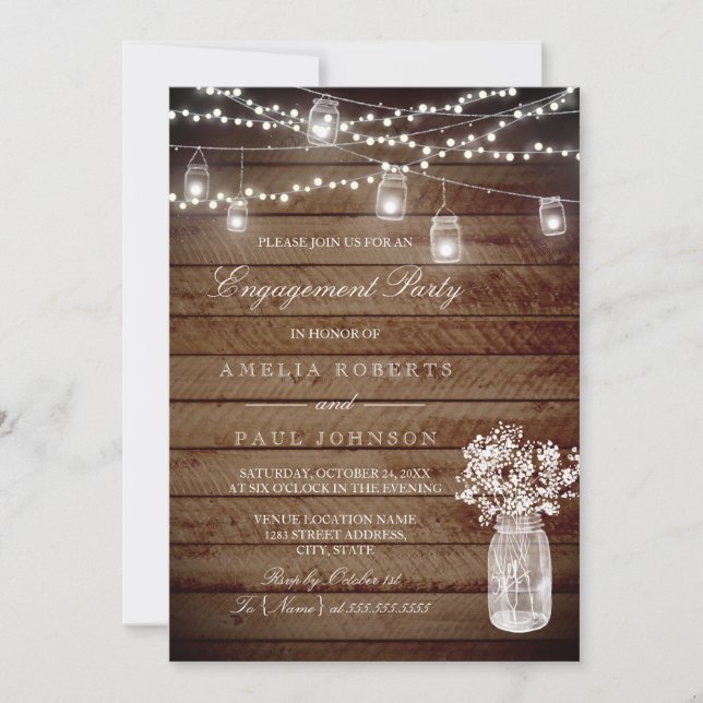 Rustic Wood Mason Jar Engagement Party Invitation (Front)