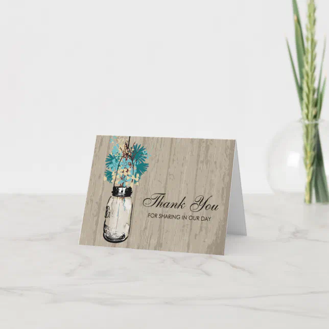 Rustic Wood Mason Jar filled with Wildflowers Thank You Card | Zazzle