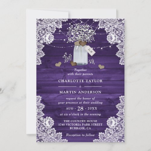 Rustic Wood Mason Jar Floral Chic Purple Wedding Invitation