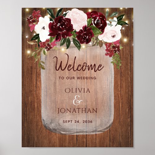Rustic Wood Mason Jar Floral Fall Wedding Welcome Poster