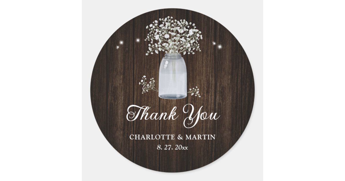 Rustic Wood Mason Jar Floral Wedding Thank You Classic Round Sticker ...