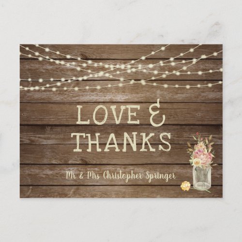 Rustic Wood Mason Jar Flowers LOVE THANKS Wedding Postcard