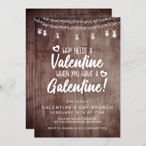 Rustic Wood Mason Jar Galentines Day Brunch Invitation