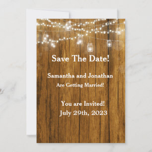 Rustic Wood Mason Jar Hanging Lights Save The Date Invitation