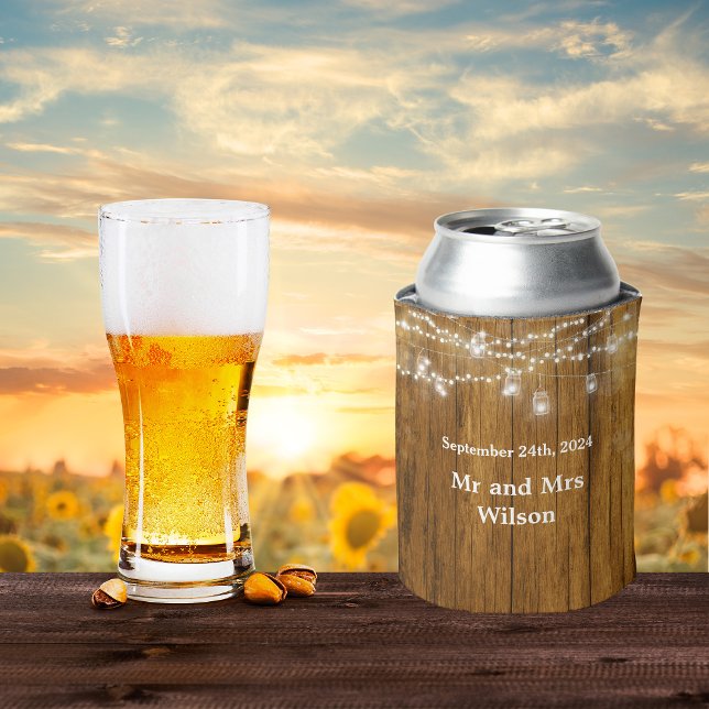 Rustic Wood Mason Jar Hanging Lights Wedding Can Cooler (Creator Uploaded)