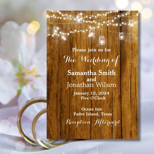 Rustic Wood Mason Jar Hanging Lights Wedding Invitation