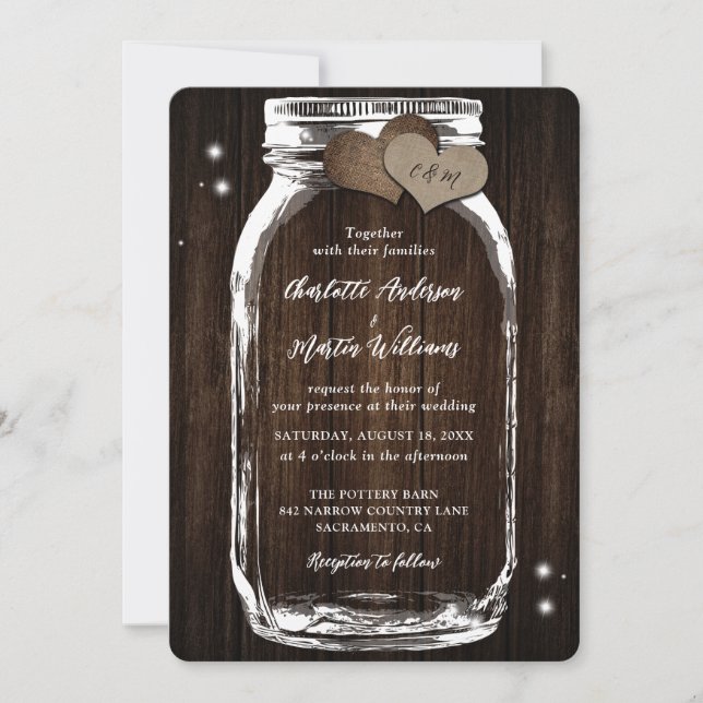 Rustic Wood Mason Jar Heart Wedding Invitation (Front)
