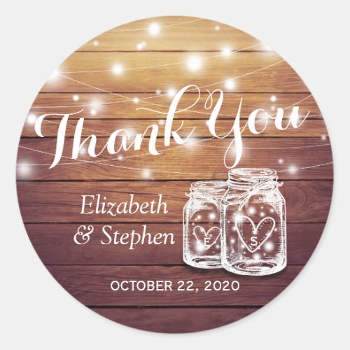 Rustic Wood Mason Jar Lamp Wedding Favor Thank You Classic Round Sticker