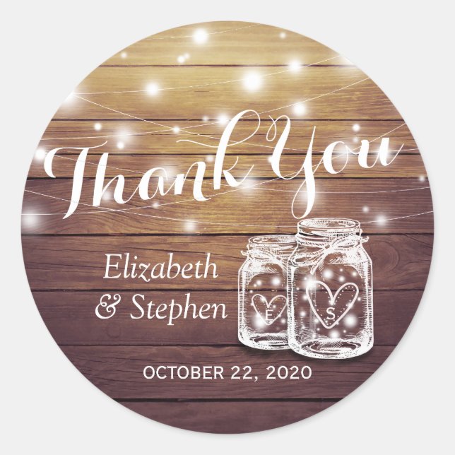 Rustic Wood Mason Jar Lamp Wedding Favor Thank You Classic Round Sticker (Front)