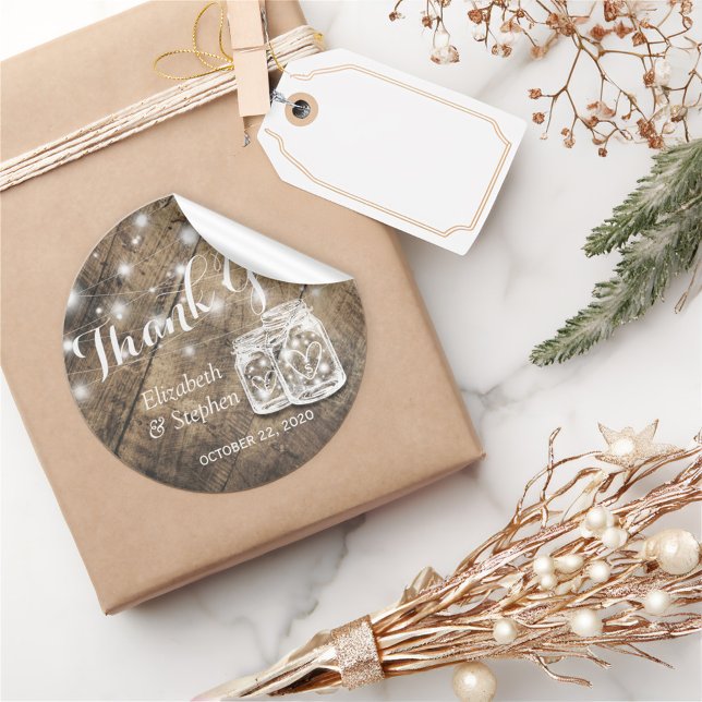 Rustic Wood Mason Jar Lamp Wedding Favor Thank You Classic Round Sticker (Creator Uploaded)