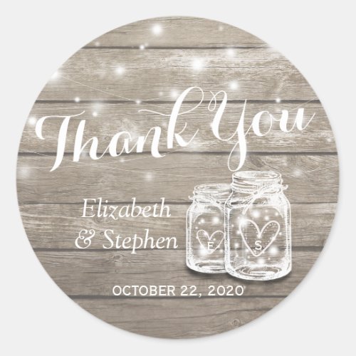 Rustic Wood Mason Jar Lamp Wedding Favor Thank You Classic Round Sticker