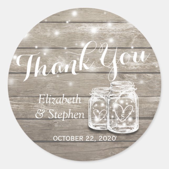 Rustic Wood Mason Jar Lamp Wedding Favor Thank You Classic Round Sticker (Front)