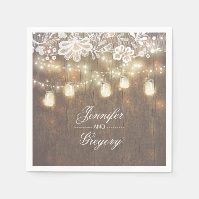 Rustic Wood Mason Jar Lights Barn Lace Wedding Napkins | Zazzle