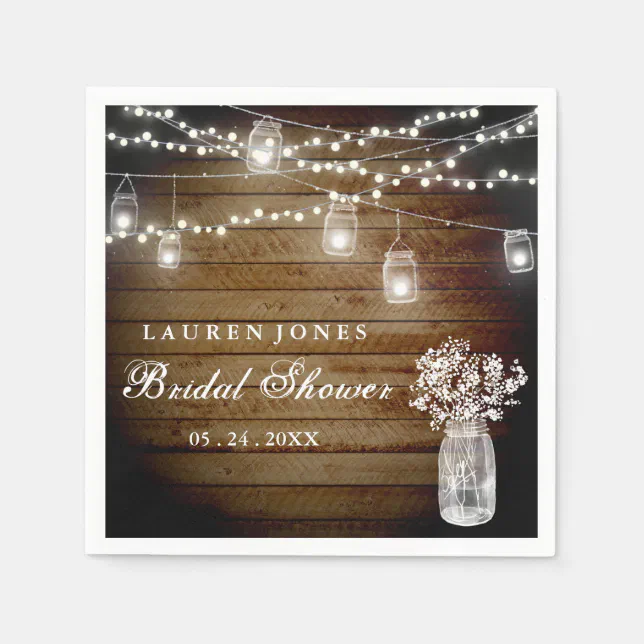 Rustic Wood Mason Jar Lights Bridal Shower Napkin | Zazzle