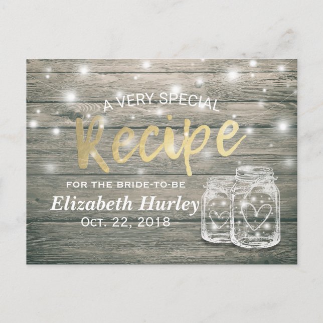 Rustic Wood Mason Jar Lights Bridal Shower Recipe Invitation Postcard (Front)