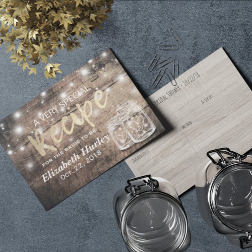 Rustic Wood Mason Jar Lights Bridal Shower Recipe Invitation Postcard