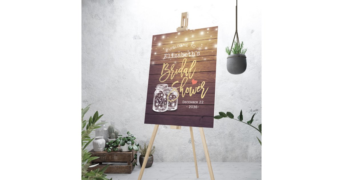 Rustic Wood Mason Jar Lights Bridal Shower Welcome Foam Board | Zazzle