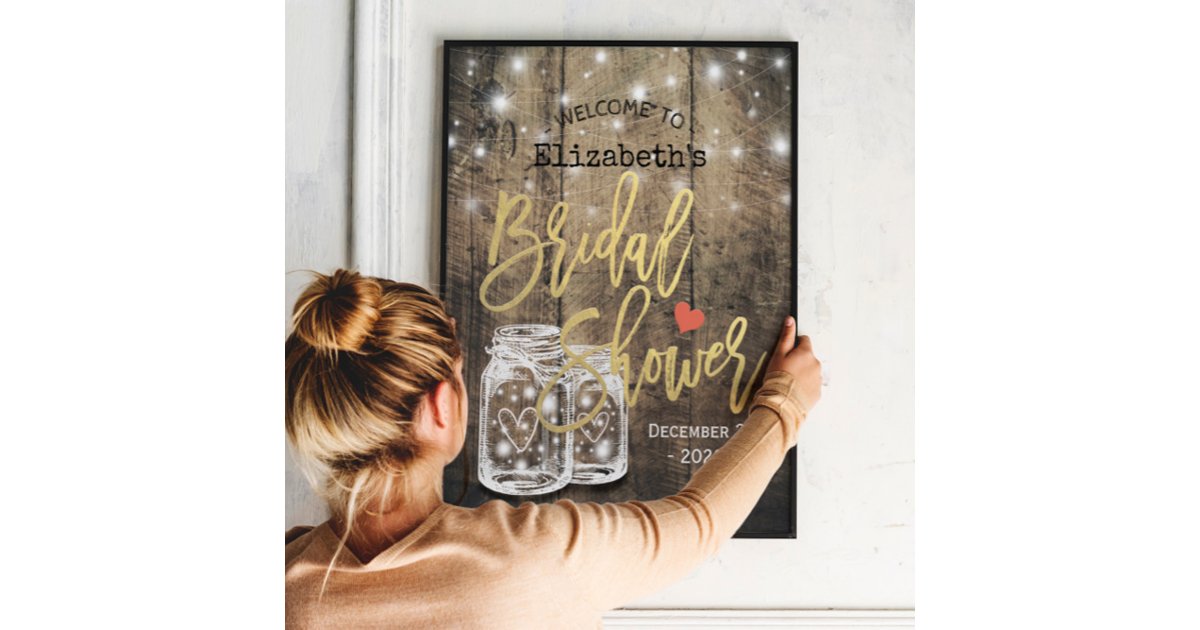 Rustic Wood Mason Jar Lights Bridal Shower Welcome Poster | Zazzle