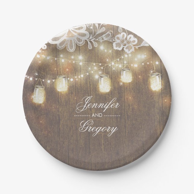 Rustic Wood Mason Jar Lights Lace Barn Wedding Paper Plates (Front)