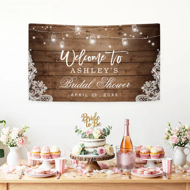 Rustic Wood Mason Jar Lights Lace Bridal Shower Banner | Zazzle