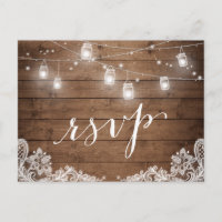 Rustic Wood Mason Jar Lights Lace Wedding RSVP Invitation Postcard