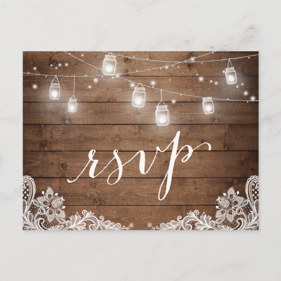 Rustic Wood Mason Jar Lights Lace Wedding RSVP Invitation Postcard