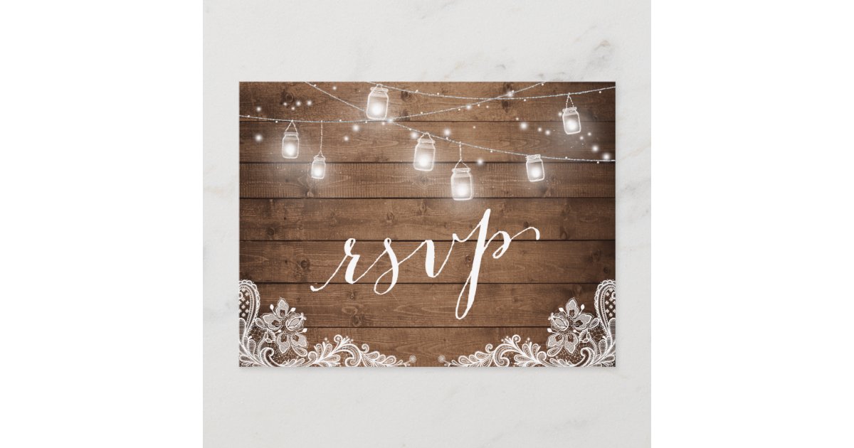 Rustic Wood Mason Jar Lights Lace Wedding RSVP Invitation Postcard | Zazzle.com