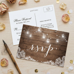 Rustic Wood Mason Jar Lights Lace Wedding RSVP Invitation Postcard