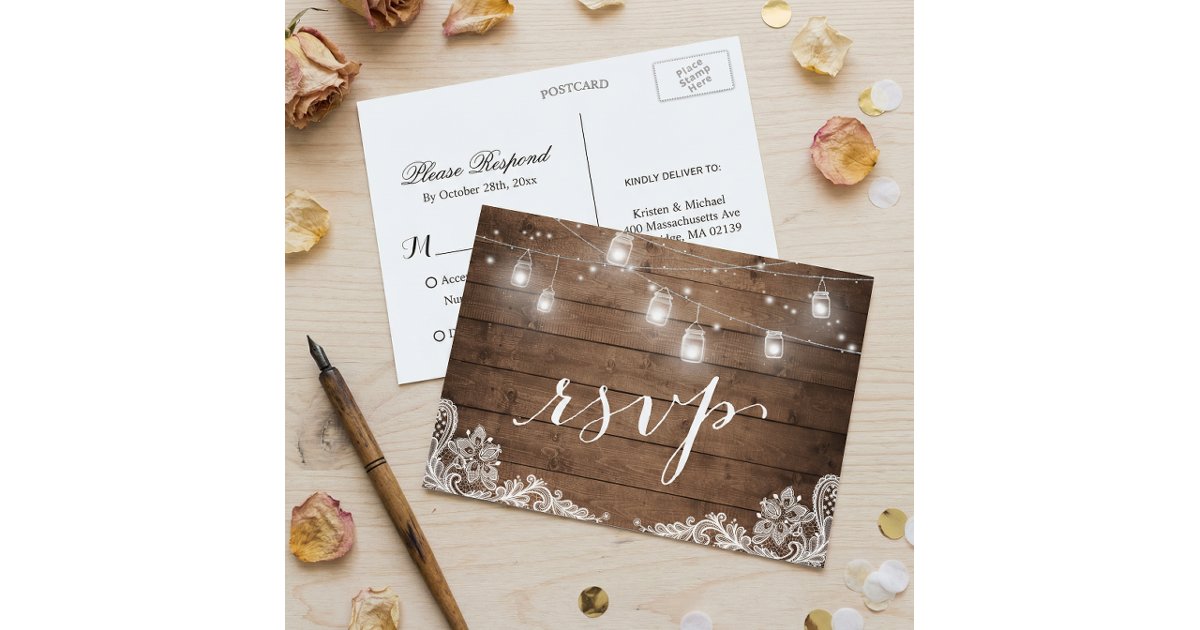 Rustic Wood Mason Jar Lights Lace Wedding RSVP Invitation Postcard | Zazzle