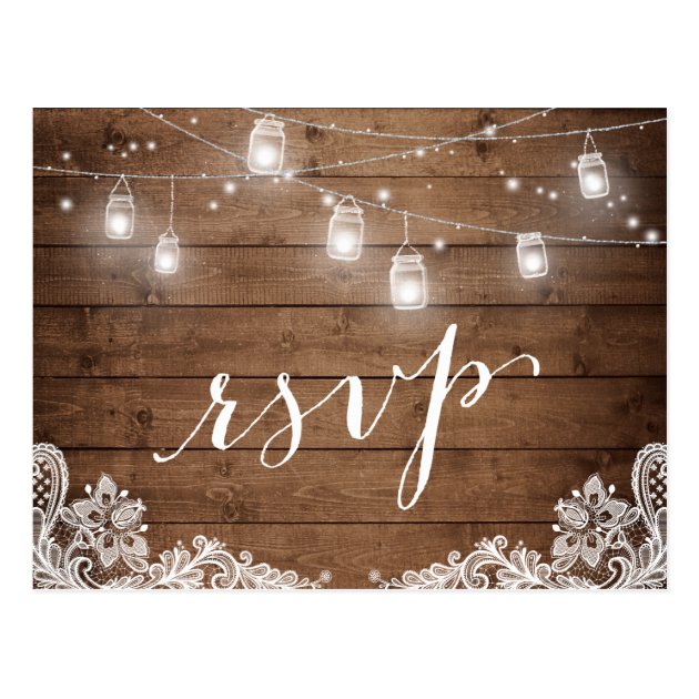 Rustic Wood Mason Jar Lights Lace Wedding RSVP Postcard