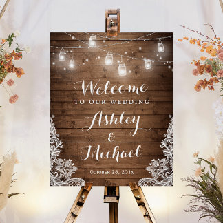 Rustic Wood Mason Jar Lights Lace Wedding Sign