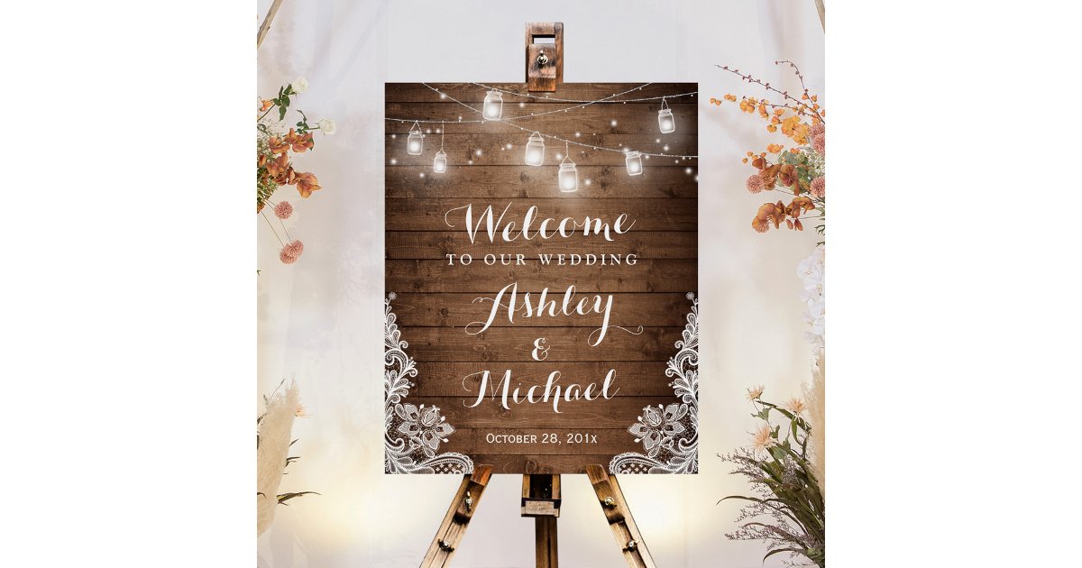 Rustic Wood Mason Jar Lights Lace Wedding Sign | Zazzle