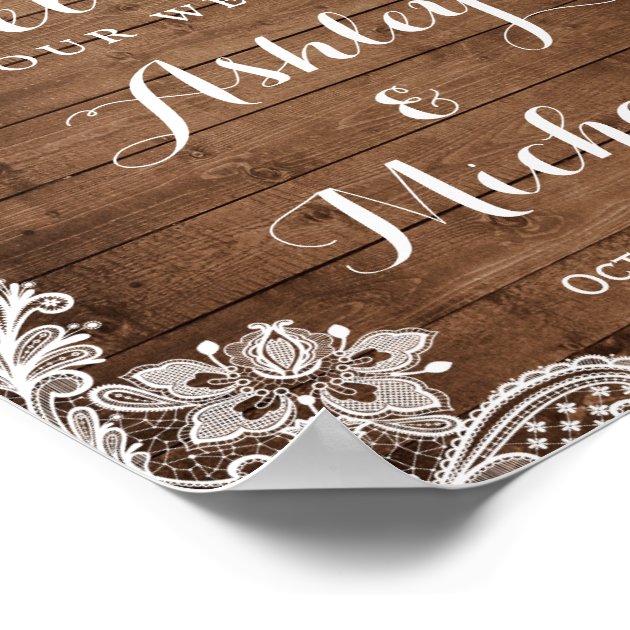 Rustic Wood Mason Jar Lights Lace Wedding Sign Poster