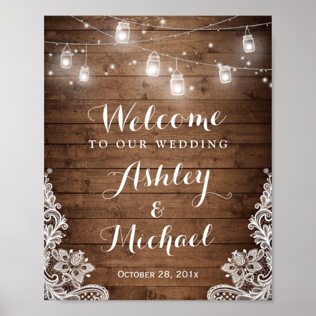 Rustic Wood Mason Jar Lights Lace Wedding Sign Poster
