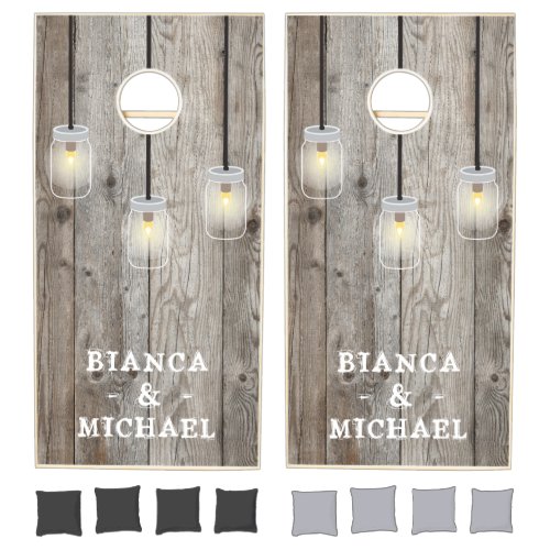 Rustic Wood Mason Jar Lights Personalized Cornhole Set