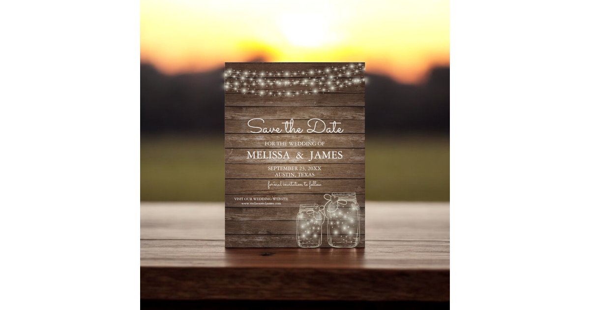 Rustic Wood Mason Jar Lights Save The Date Announcement Postcard | Zazzle