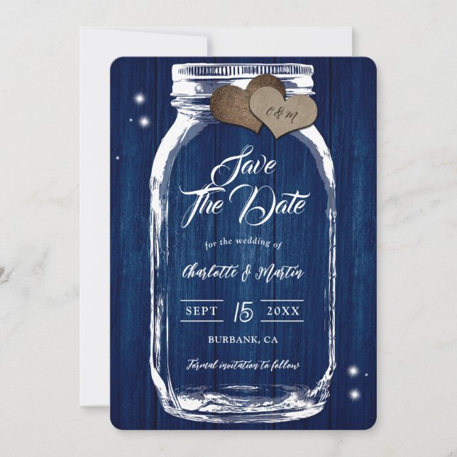 Rustic Wood Mason Jar Navy Blue Wedding Save The Date (Front)