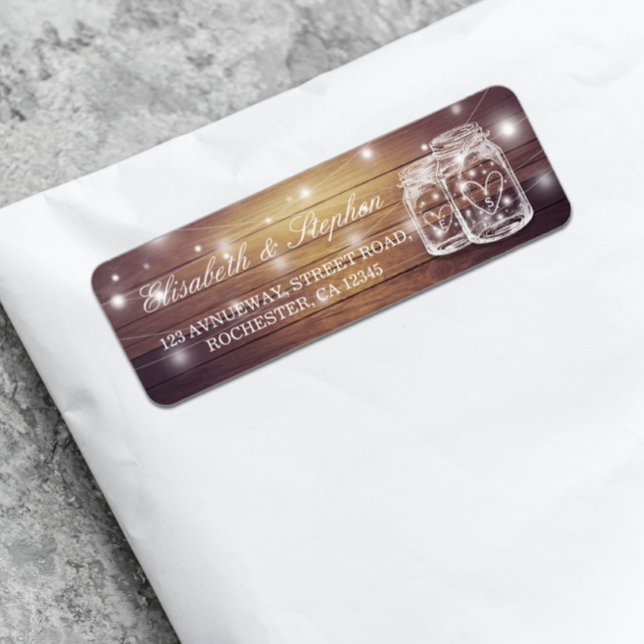 Rustic Wood Mason Jar String Light Wedding Address Label (Creator Uploaded)
