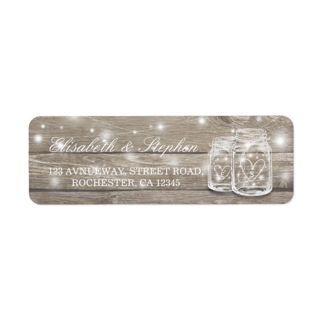 Rustic Wood Mason Jar String Light Wedding Address Label (Front)
