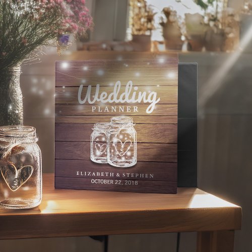 Rustic Wood Mason Jar String Light Wedding Planner 3 Ring Binder