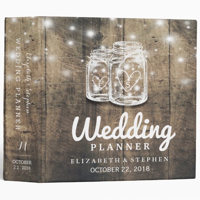 Rustic Wood Mason Jar String Light Wedding Planner Binder (Front/Spine)