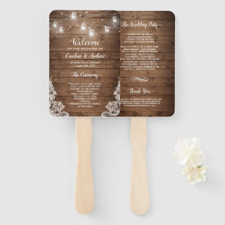 Rustic Wood Mason Jar String Light Wedding Program Hand Fan