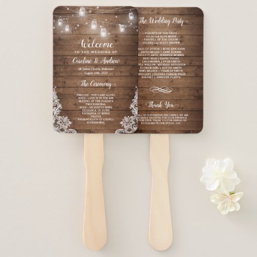 Rustic Wood Mason Jar String Light Wedding Program Hand Fan