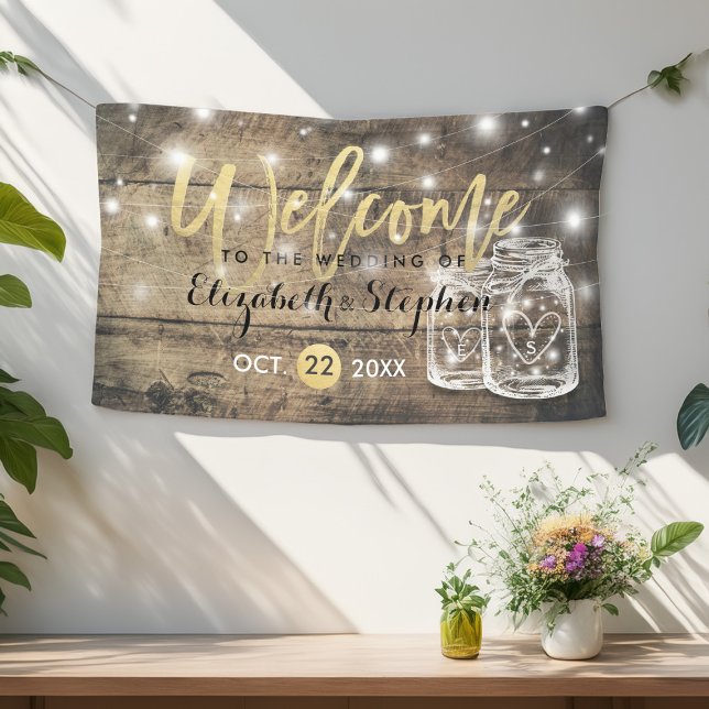 Rustic Wood Mason Jar String Light Wedding Welcome Banner (Creator Uploaded)