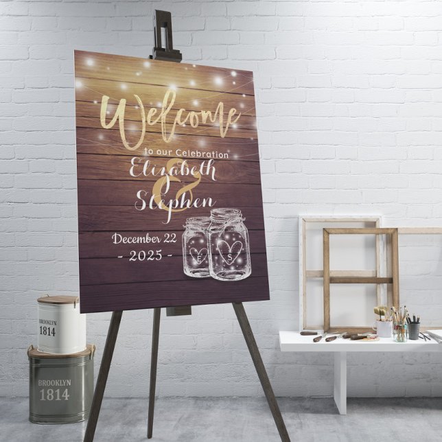 Rustic Wood Mason Jar String Light Wedding Welcome Foam Board (Creator Uploaded)