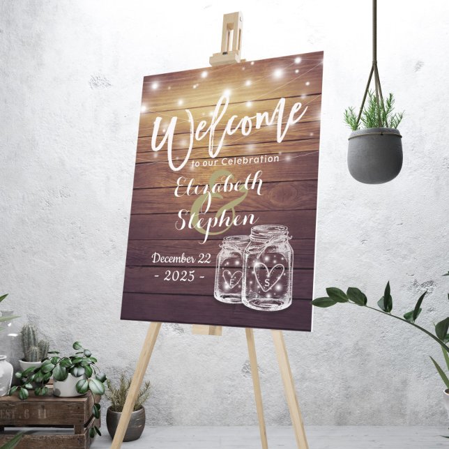 Rustic Wood Mason Jar String Light Wedding Welcome Foam Board (Creator Uploaded)