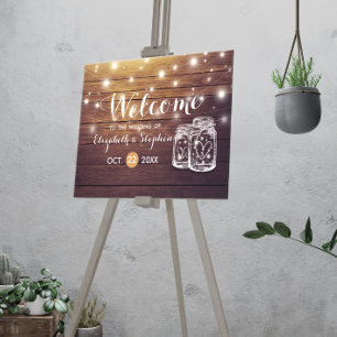 Rustic Wood Mason Jar String Light Wedding Welcome Foam Board