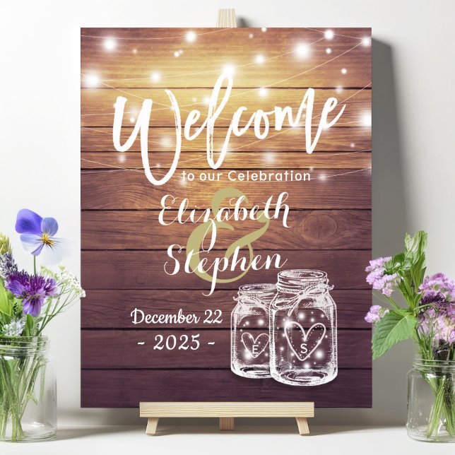 Rustic Wood Mason Jar String Light Wedding Welcome Poster (Creator Uploaded)