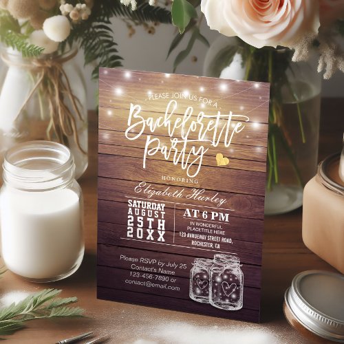 Rustic Wood  Mason Jar String Lights Bachelorette Invitation