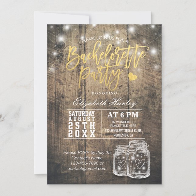 Rustic Wood & Mason Jar String Lights Bachelorette Invitation (Front)